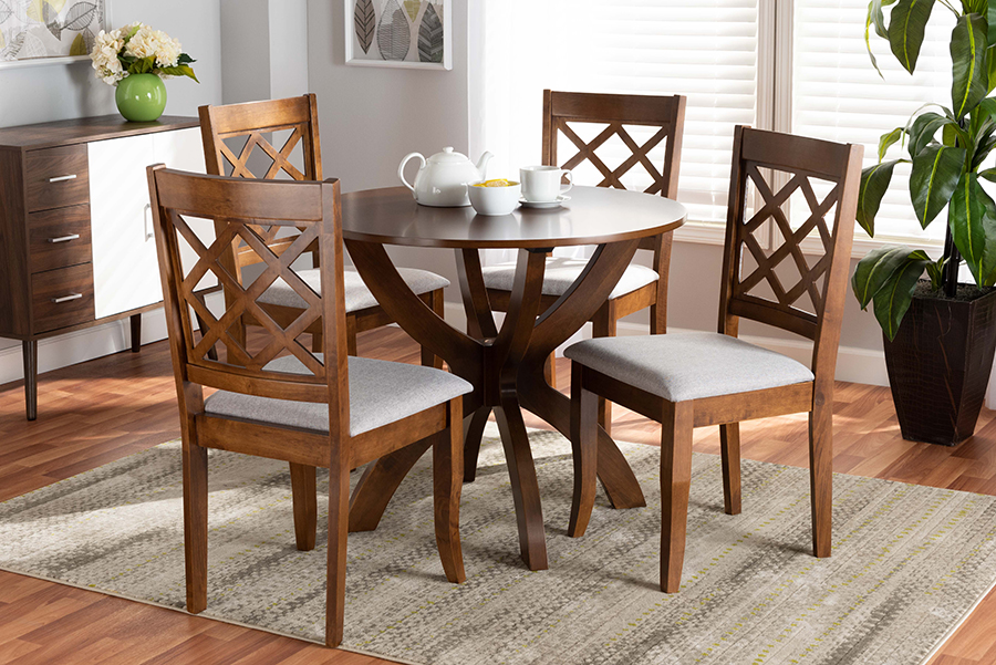 Beth-Grey-Walnut-5PC Dining Set Baxton Studio Beth Modern & Contemporary Grey Fabric Upholstered & Walnut Brown Finished Wood Dining Set - 5 Piece -  Wholesale Interiors, 193271150199