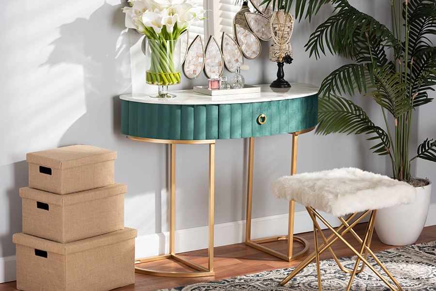 Baxton Studio Beale Luxe Console Table - Green Velvet & Faux Marble - Brushed Gold - 1-Drawer