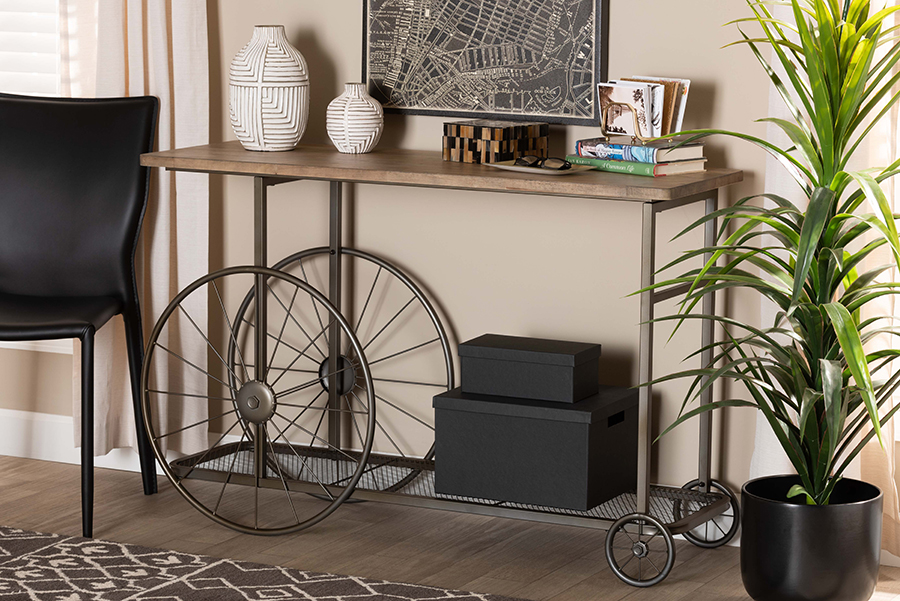 JY20A074-NaturalBlack-Console Baxton Studio Terence Vintage Rustic Industrial Metal Wheeled Console Table, Natural Wood & Black