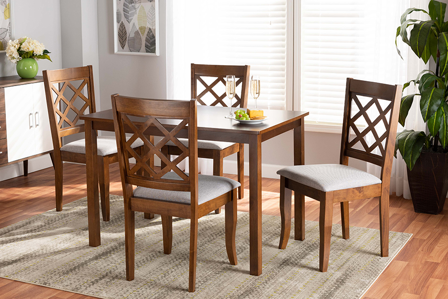 Sari-Grey-Walnut-5PC Dining Set Baxton Studio Sari Modern & Contemporary Grey Fabric Upholstered & Walnut Brown Finished Wood Dining Set - 5 Piece