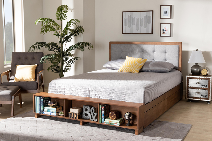 Cosma-Light Grey-Ash Walnut-Full Baxton Studio Cosma Modern Transitional Ash Walnut Brown Finished Wood 4-Drawer Platform Storage Bed, Full Size