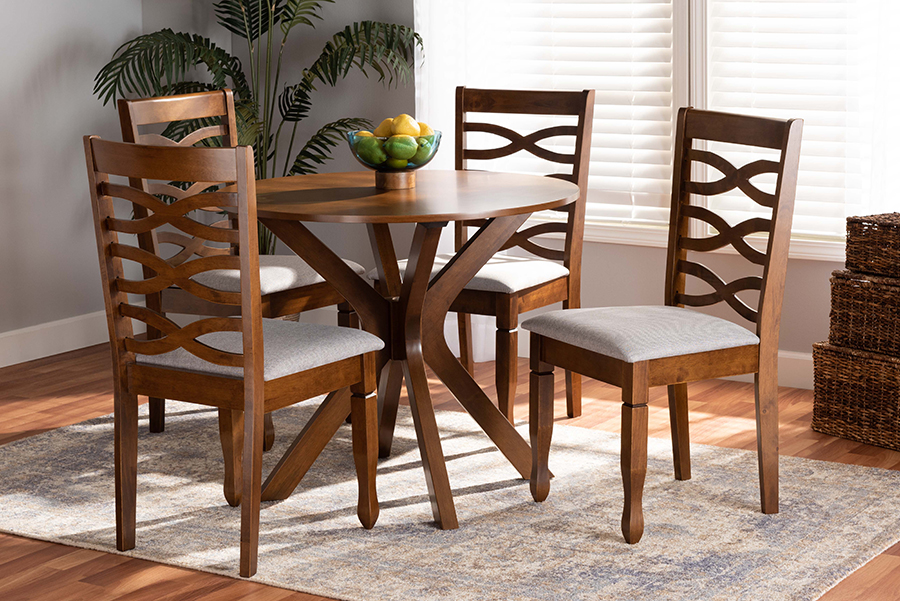 Mila-Grey-Walnut-5PC Dining Set Baxton Studio Mila Modern & Contemporary Grey Fabric Upholstered & Walnut Brown Finished Wood Dining Set - 5 Piece