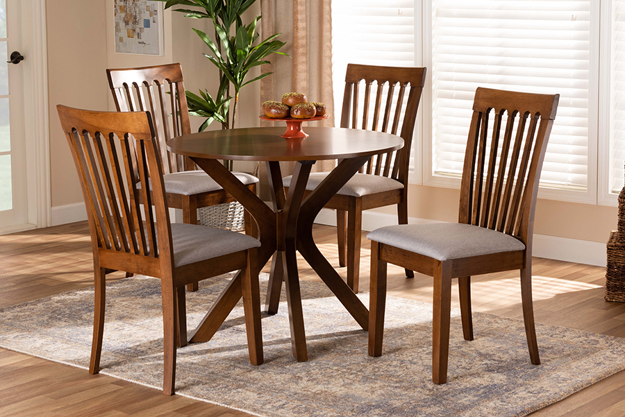 Lore-Grey-Walnut-5PC Dining Set Baxton Studio Lore Modern & Contemporary Grey Fabric Upholstered & Walnut Brown Finished Wood Dining Set - 5 Piece