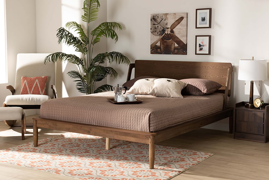 MG0047-9-Ash Walnut-Queen Baxton Studio Sadler Mid-Century Modern Ash Walnut Brown Finished Wood Queen Size Platform Bed