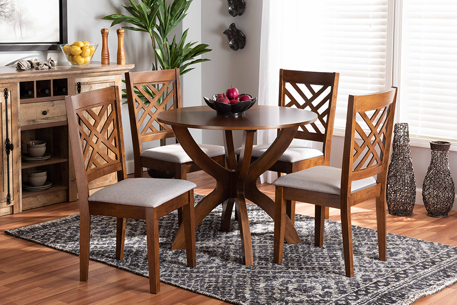 Edona-Grey-Walnut-5PC Dining Set Baxton Studio Edona Modern & Contemporary Grey Fabric Upholstered & Walnut Brown Finished Wood Dining Set - 5 Piece -  Wholesale Interiors, 193271150168