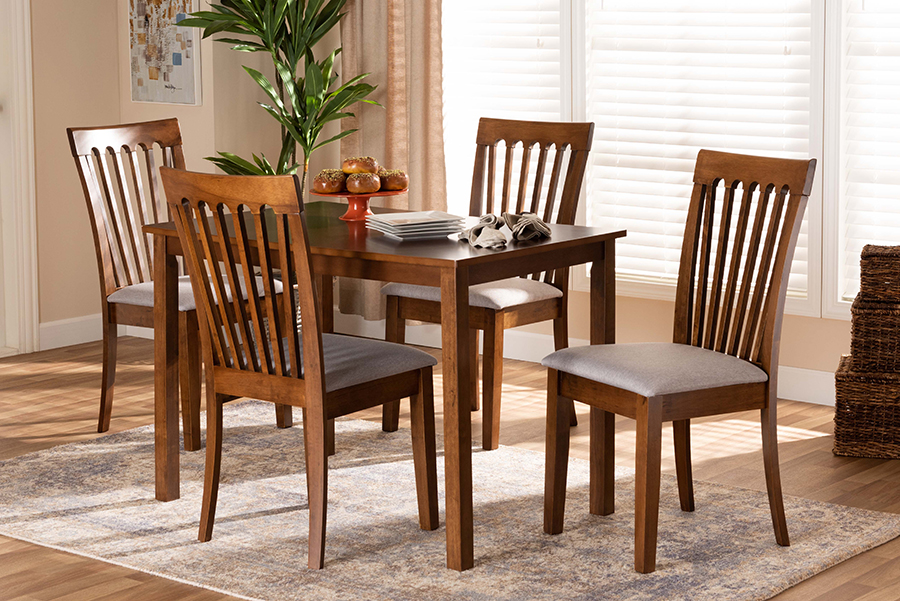 Seda-Grey-Walnut-5PC Dining Set Baxton Studio Seda Modern & Contemporary Grey Fabric Upholstered with Walnut Brown Finished Wood Dining - 5 Piece
