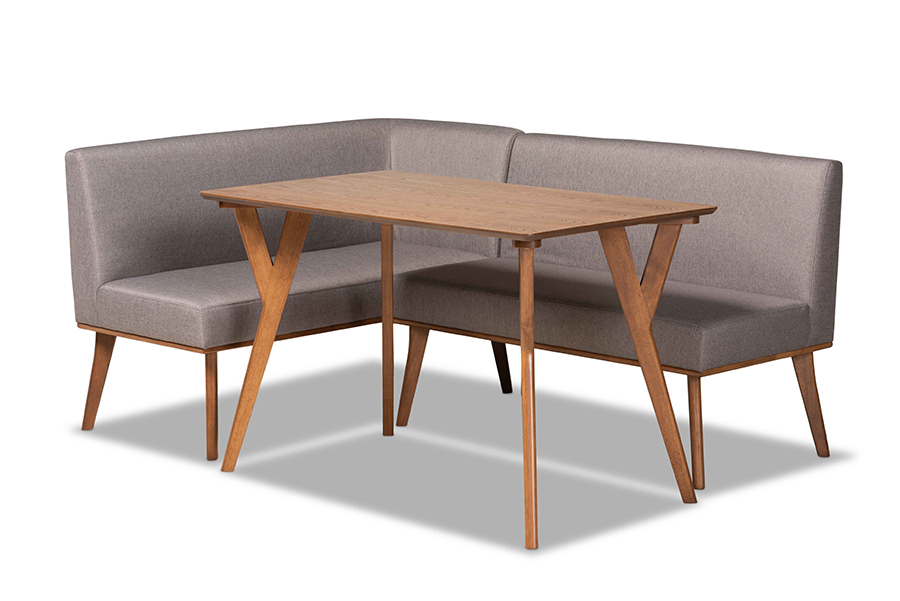 BBT8054-Grey-Walnut-3PC Dining Nook Set Odessa Mid Century Modern Fabric Upholstered Wood Dining Nook Set, Walnut, Brown & Gray - 3 Piece