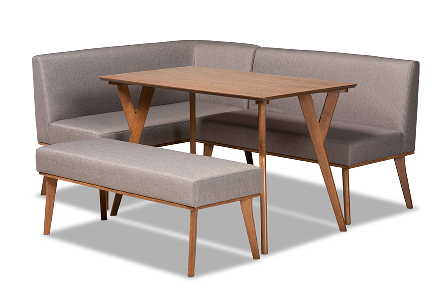 BBT8054-Grey-Walnut-4PC Dining Nook Set Odessa Mid Century Modern Fabric Upholstered Wood Dining Nook Set, Walnut & Brown - 4 Piece