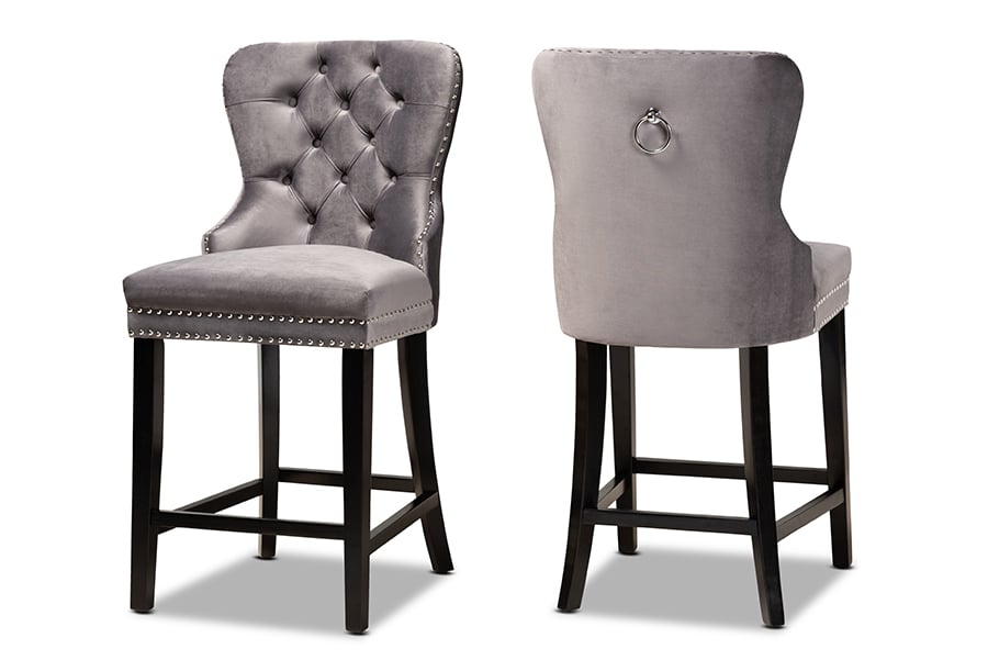 WS-F458-26BT-Grey Velvet-Espresso-CS Howell Modern Transitional Wood Counter Stool Set, Grey Velvet & Espresso - 2 Piece -  Baxton Studio, 193271148387