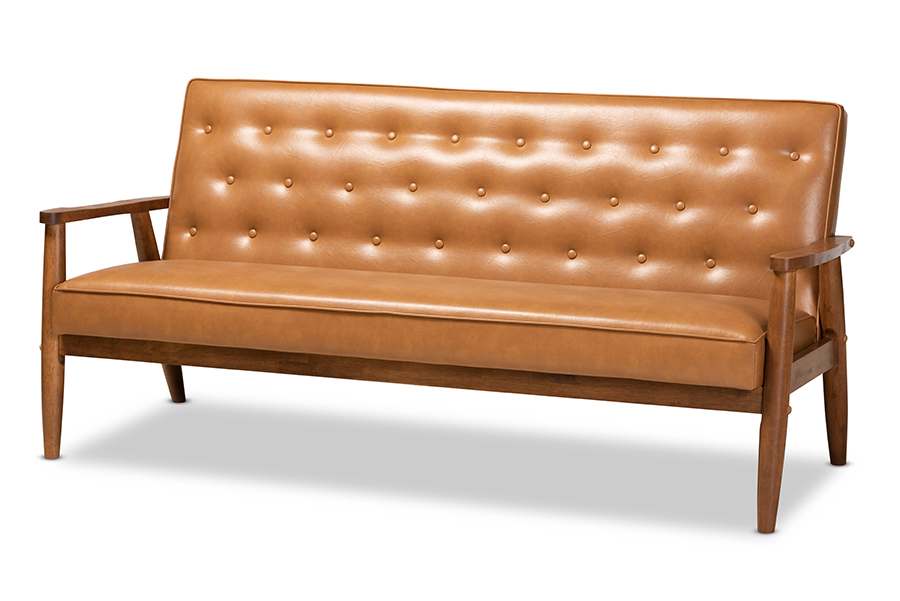 BBT8013-Tan Sofa 33.3 x 71.3 x 29.7 in. Tan Faux Leather Upholstered & Walnut Brown Finished Wood Sofa -  Baxton Studio, 193271150533