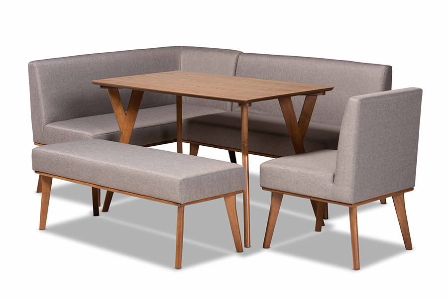 BBT8054-Grey-Walnut-5PC Dining Nook Set Odessa Mid Century Modern Fabric Upholstered Wood Dining Nook Set, Walnut & Brown - 5 Piece
