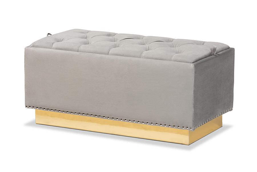 WS-2019 Grey Velvet Storage Ottoman - Grey & Gold - Fully Assembled - Glam Design