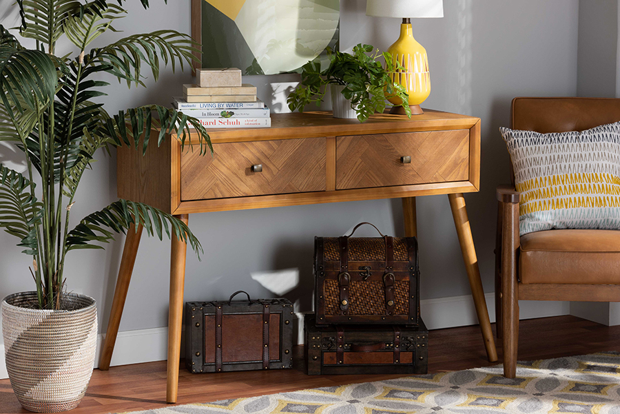 JY20A151-Console 31.5 x 43.3 x 16.1 in. Mae Mid-Century Modern Natural Brown Finished Wood 2-Drawer Console Table