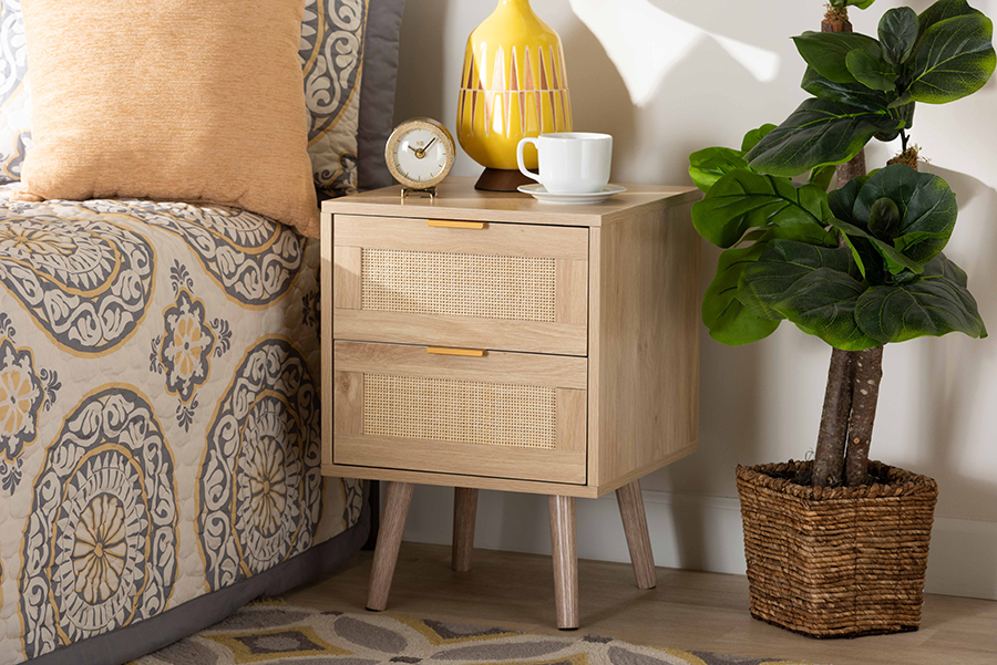 Picture of Baxton Studio SR196128-Rattan-NS 21.7 x 15.7 x 15.7 in. Baird Mid-century Modern Light Wood & Rattan 2 Drawer Nightstand&#44; Oak Brown