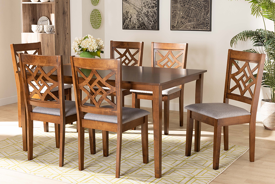 RH340C-Grey & Walnut-7PC Dining Set Nicolette Grey Fabric Upholstered & Walnut Brown Finished Wood Dining Set - 7 Piece