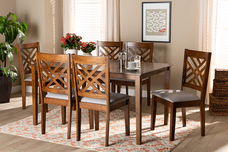 RH317C-Grey & Walnut-DC-7PC Dining Set Caron Grey Fabric Upholstered & Walnut Brown Finished Wood Dining Set - 7 Piece