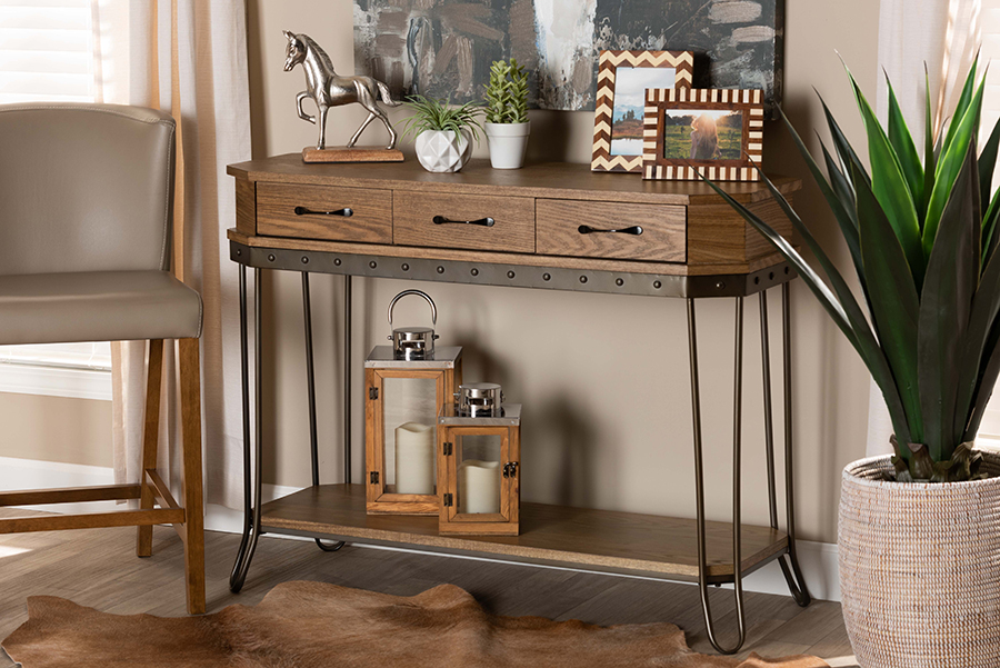 JY20A066 Kellyn Rustic Industrial Console Table - Oak Brown & Black - 3 Drawers - Vintage Charm