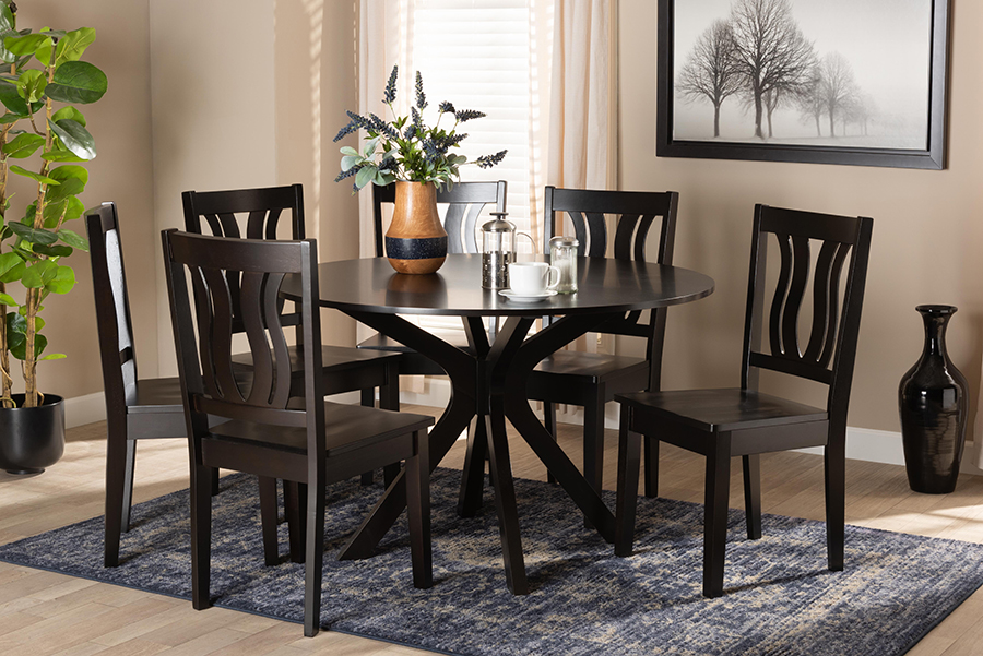 Mare-Dark Brown-7PC Dining Set Mare Dark Brown Finished Wood Dining Set - 7 Piece