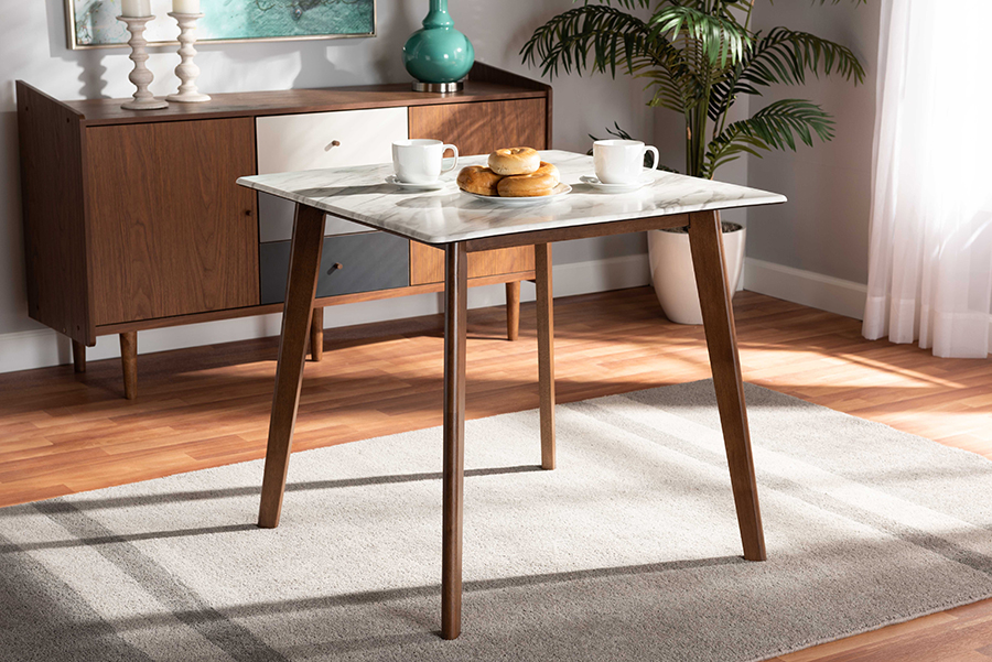 Kaylee-Marble-Walnut-DT Baxton Studio Kaylee Mid-Century Modern Transitional Walnut Brown Finished Wood Dining Table with Faux Marble Tabletop