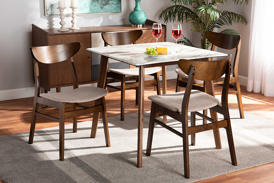 Paras Mid-Century Transitional Light Beige Fabric and Walnut Brown Finished Wood 5-PC Dining Set