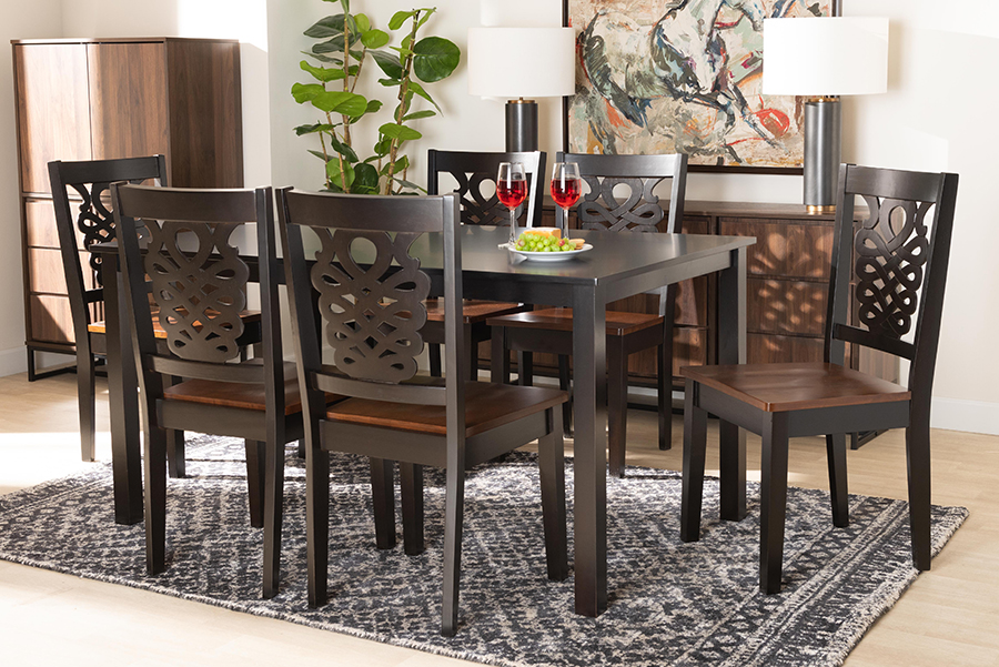Luisa-Dark Brown-Walnut-7PC Dining Set Baxton Studio Luisa Modern & Contemporary Two-Tone Dark Brown & Walnut Brown Finished Wood 7 Piece Dining Set