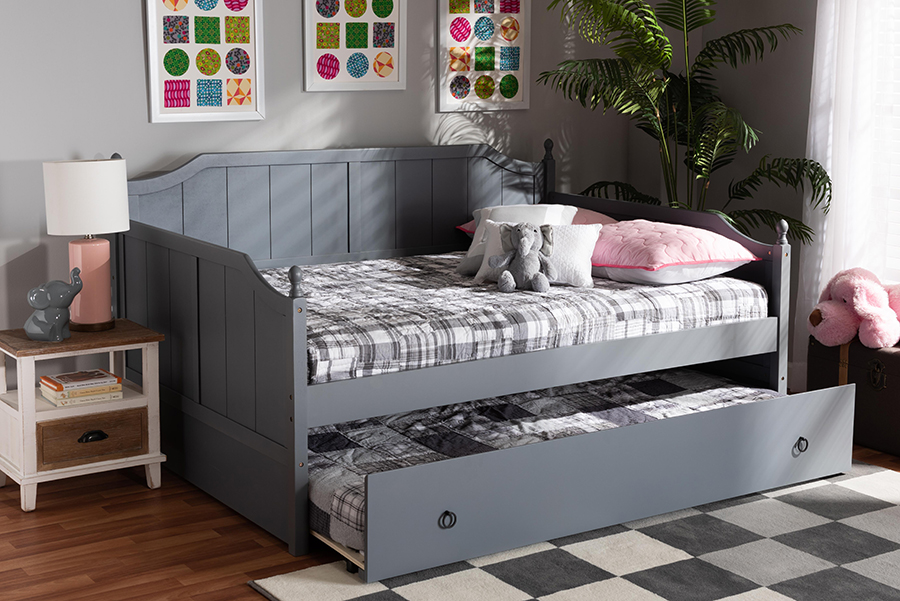 MG0010-Grey-Daybed-Full Baxton Studio Millie Cottage Farmhouse Grey Finished Wood Full Size Daybed with Trundle