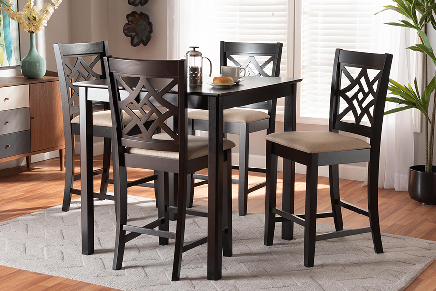 RH340P-Sand-Dark Brown-5PC Pub Set Baxton Studio Nicolette Modern & Contemporary Sand Fabric Upholstered & Dark Brown Finished Wood 5 Piece Pub Set -  Wholesale Interiors, 193271216277