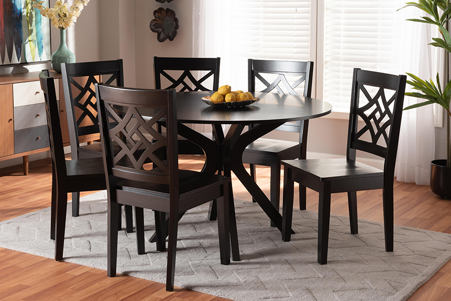 Miela-Dark Brown-7PC Dining Set Baxton Studio Miela Modern & Contemporary Dark Brown Finished Wood 7 Piece Dining Set