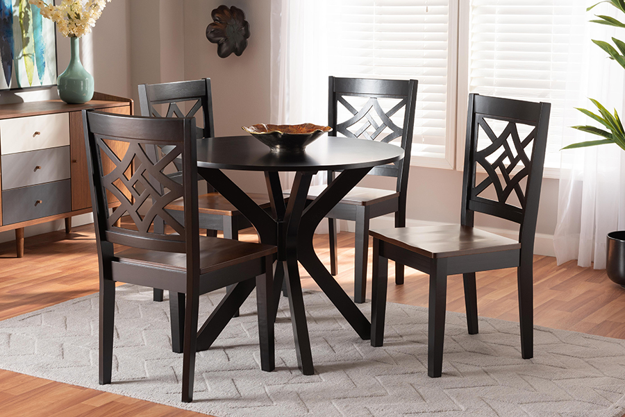 Miela-Dark Brown-Walnut-5PC Dining Set Baxton Studio Miela Modern & Contemporary Two-Tone Dark Brown & Walnut Brown Finished Wood 5 Piece Dining Set -  193271216390