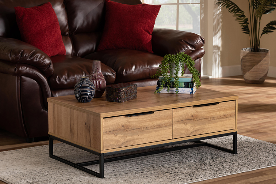 CT8007-Oak-CT Baxton Studio Franklin Modern & Contemporary Oak Brown Finished Wood & Black Finished Metal 2-Drawer Coffee Table