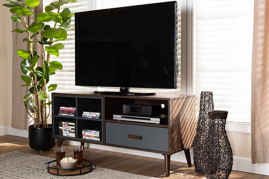 TV8018-Walnut-Grey-TV Baxton Studio Garrick Modern & Contemporary Two-Tone Grey & Walnut Brown Finished Wood 1-Drawer TV Stand
