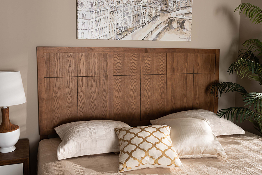MG9746-Ash Walnut-HB-King Baxton Studio Monroe Modern Transitional & Rustic Ash Walnut Finished Wood Headboard - King Size