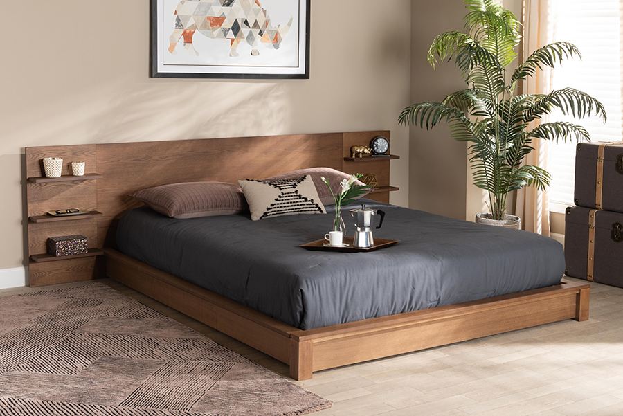 MG-0051-Ash Walnut-King Baxton Studio Elina Modern & Contemporary Walnut Brown Finished Wood Platform Storage Bed with Shelves - King Size