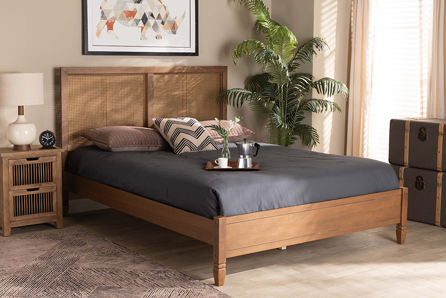 MG-0021-4-Walnut-Queen Baxton Studio Redmond Mid-Century Modern Walnut Brown Finished Wood & Synthetic Rattan Platform Bed - Queen Size