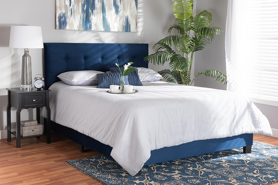 CF9210B-Navy Blue Velvet-Queen Baxton Studio Caprice Modern & Contemporary Glam Navy Blue Velvet Fabric Upholstered Panel Bed - Queen Size
