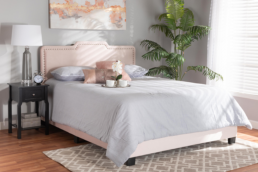 CF9210C-Light Pink Velvet-Queen Baxton Studio Benjen Modern & Contemporary Glam Light Pink Velvet Fabric Upholstered Panel Bed - Queen Size