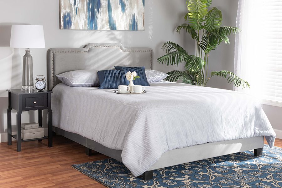 Baxton Studio Benjen Queen Velvet Upholstered Bed - Grey - Queen Size - Glam Design