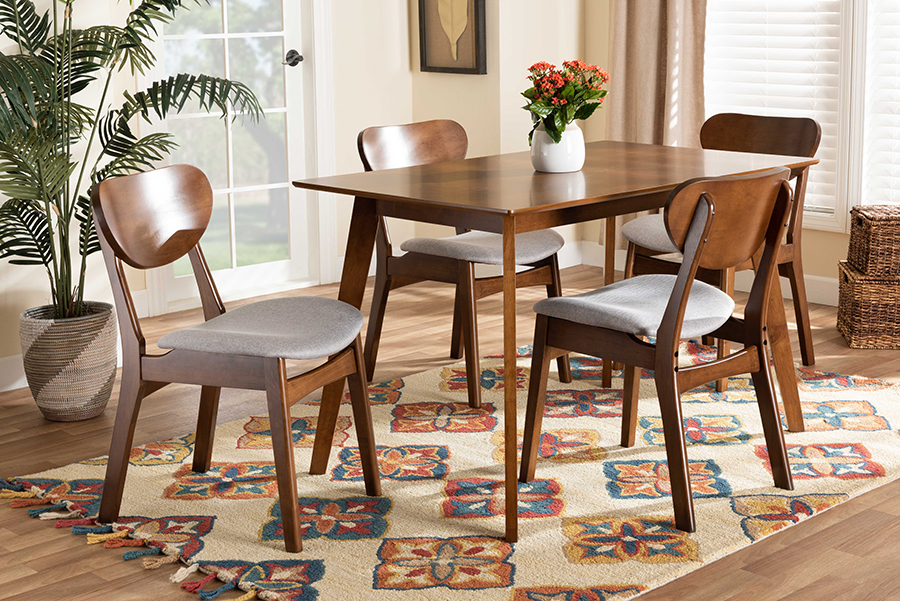 RH378C-Grey-Walnut-5PC Dining Set Baxton Studio Katya Mid-Century Modern Grey Fabric Upholstered & Walnut Brown Finished Wood Dining Set - 5 Piece