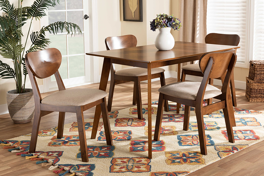 RH367C-Sand-Walnut-5PC Dining Set Baxton Studio Damara Mid-Century Modern Sand Fabric Upholstered & Walnut Brown Finished Wood Dining Set - 5 Piece
