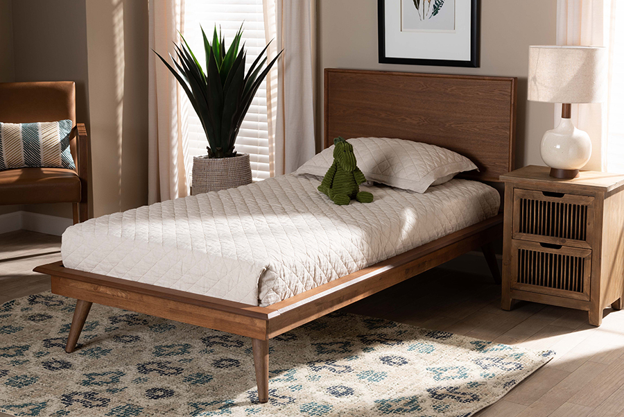 MG0004-Ash Walnut-Twin Baxton Studio Karine Mid-Century Modern Walnut Brown Finished Wood Platform Bed - Twin Size