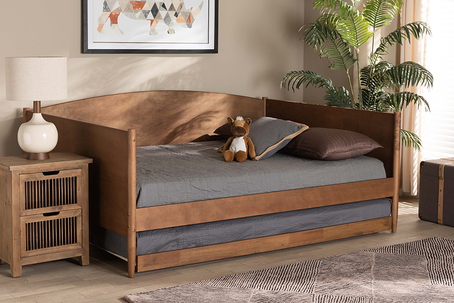 MG0016-Ash Walnut-Full Daybed with Trundle Baxton Studio Veles Mid-Century Modern Ash Walnut Finished Wood Daybed with Trundle - Full Size