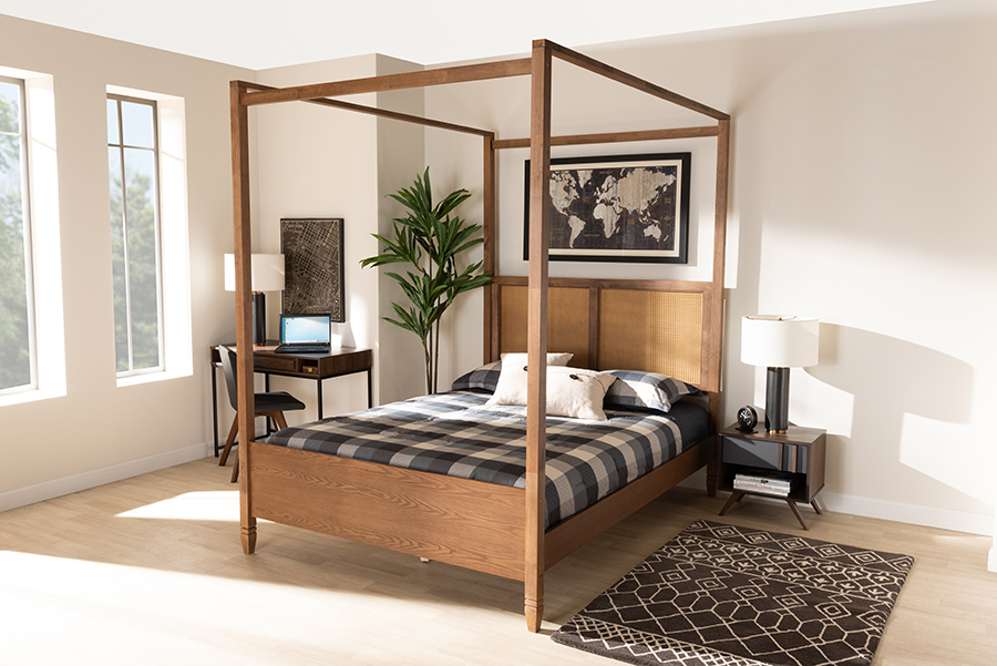 MG-0021-3-Walnut-King Baxton Studio Malia Modern & Contemporary Walnut Brown Finished Wood & Synthetic Rattan King Size Canopy Bed