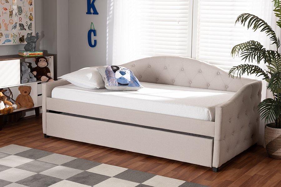 Becker-Beige-Daybed-T-T Baxton Studio Becker Modern & Contemporary Transitional Beige Fabric Upholstered Twin Size Daybed with Trundle