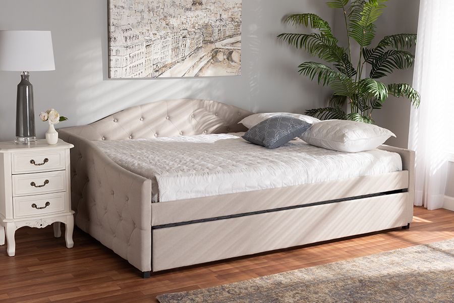 Becker-Beige-Daybed-Q-T Baxton Studio Becker Modern & Contemporary Transitional Beige Fabric Upholstered Queen Size Daybed with Trundle