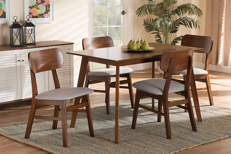 RH369C-Grey-Walnut-5PC Dining Set Baxton Studio Euclid Mid-Century Modern Grey Fabric Upholstered & Walnut Brown Finished Wood 5 Piece Dining Set