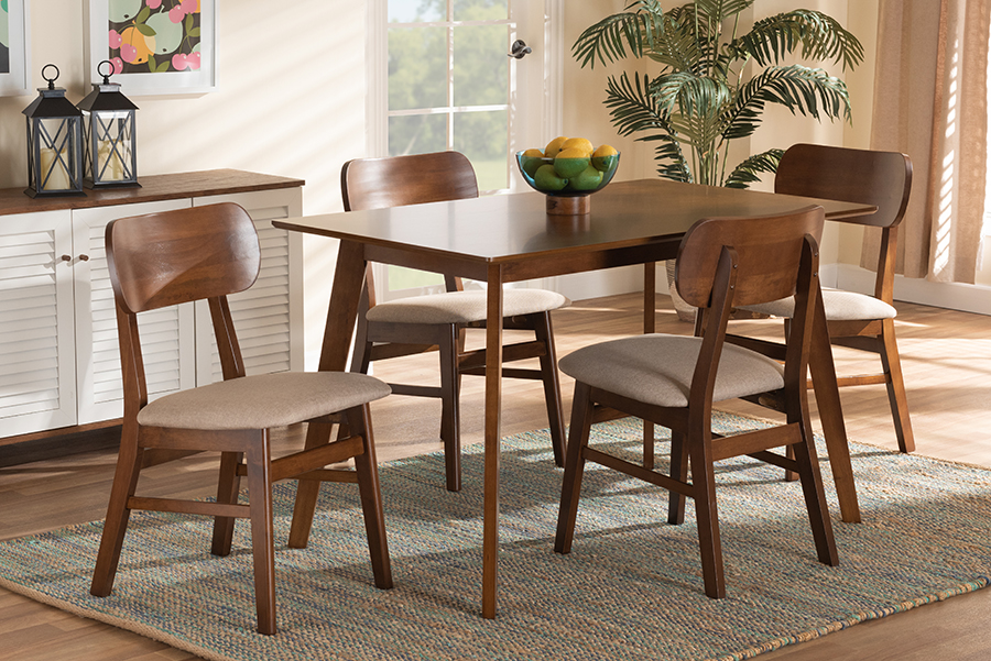 RH369C-Sand-Walnut-5PC Dining Set Baxton Studio Euclid Mid-Century Modern Sand Fabric Upholstered & Walnut Brown Finished Wood 5 Piece Dining Set