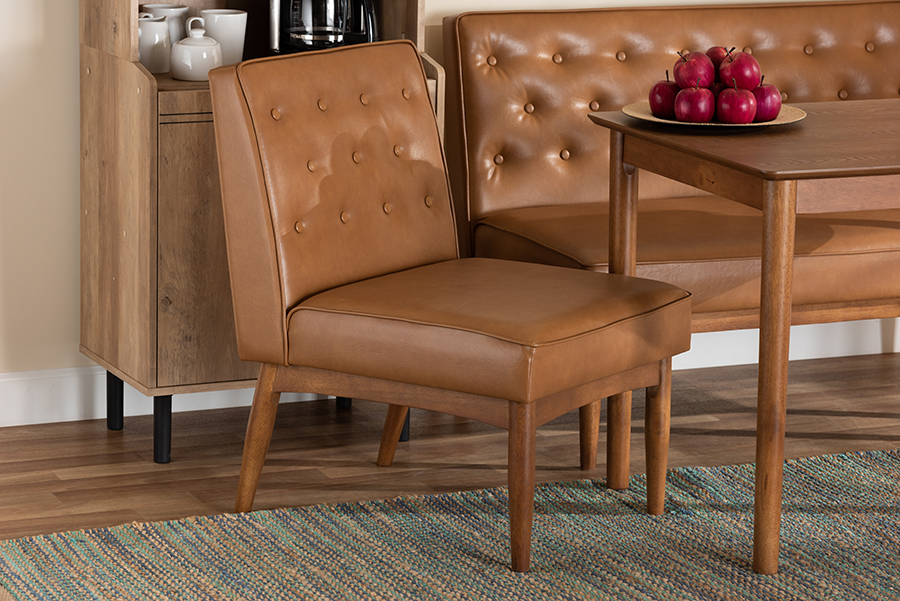 BBT8051.13-Tan-Walnut-CC Baxton Studio Riordan Mid-Century Modern Tan Faux Leather Upholstered & Walnut Brown Finished Wood Dining Chair