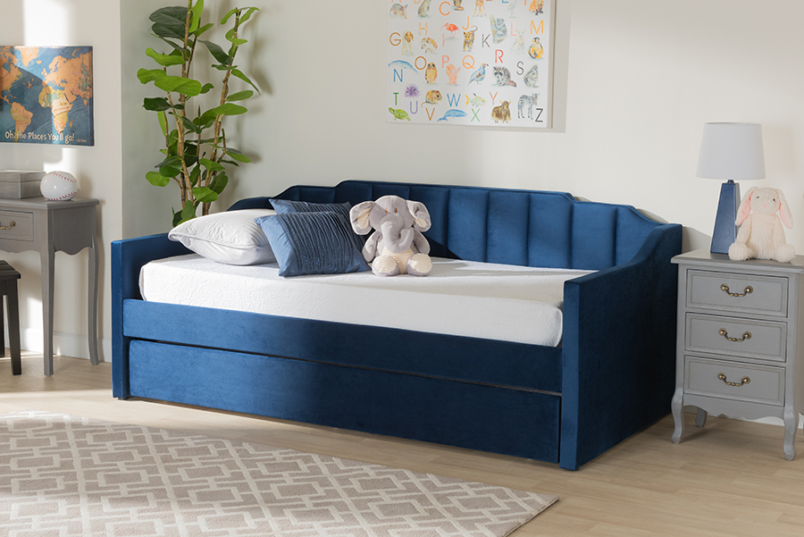 CF9172-Navy Blue Velvet-Daybed-T-T Baxton Studio Lennon Modern & Contemporary Navy Blue Velvet Fabric Upholstered Twin Size Daybed with Trundle -  Made4Mattress, MA2508048