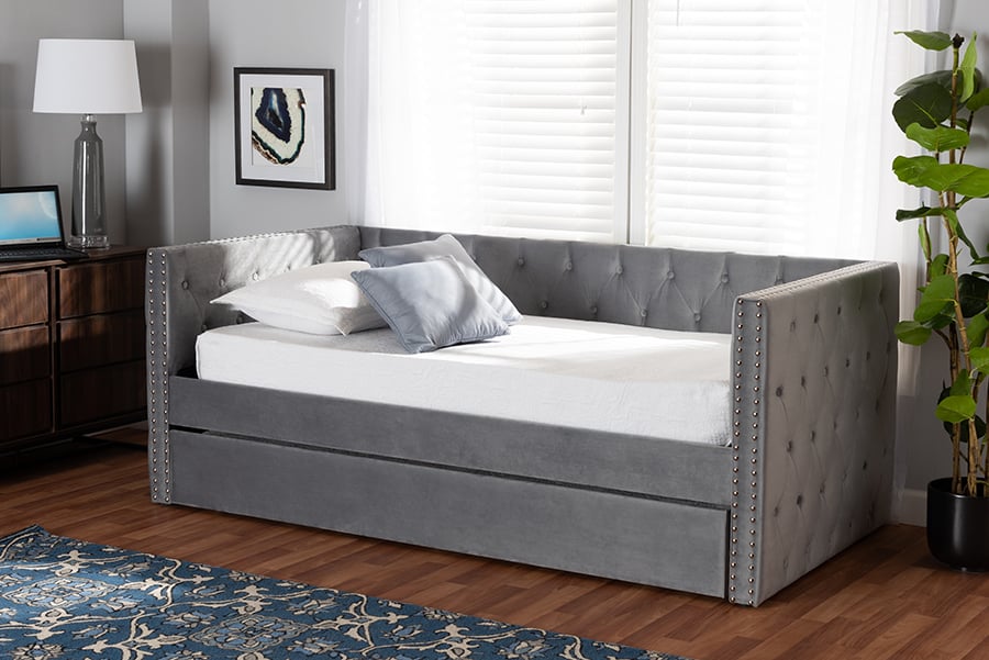 CF9227-Silver Grey Velvet-Daybed-T-T Modern & Contemporary Velvet Fabric Upholstered Twin Size Daybed, Gray with Trundle -  Wholesale Interiors, 193271180653