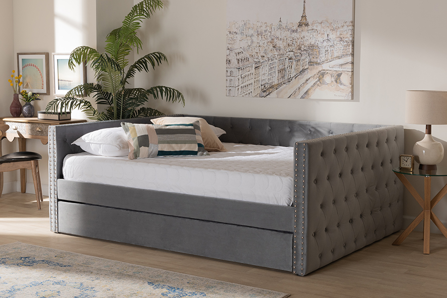 CF9227-Silver Grey Velvet-Daybed-Q-T Modern & Contemporary Upholstered Queen Size Daybed, Gray with Trundle - Velvet -  Wholesale Interiors, 193271180714